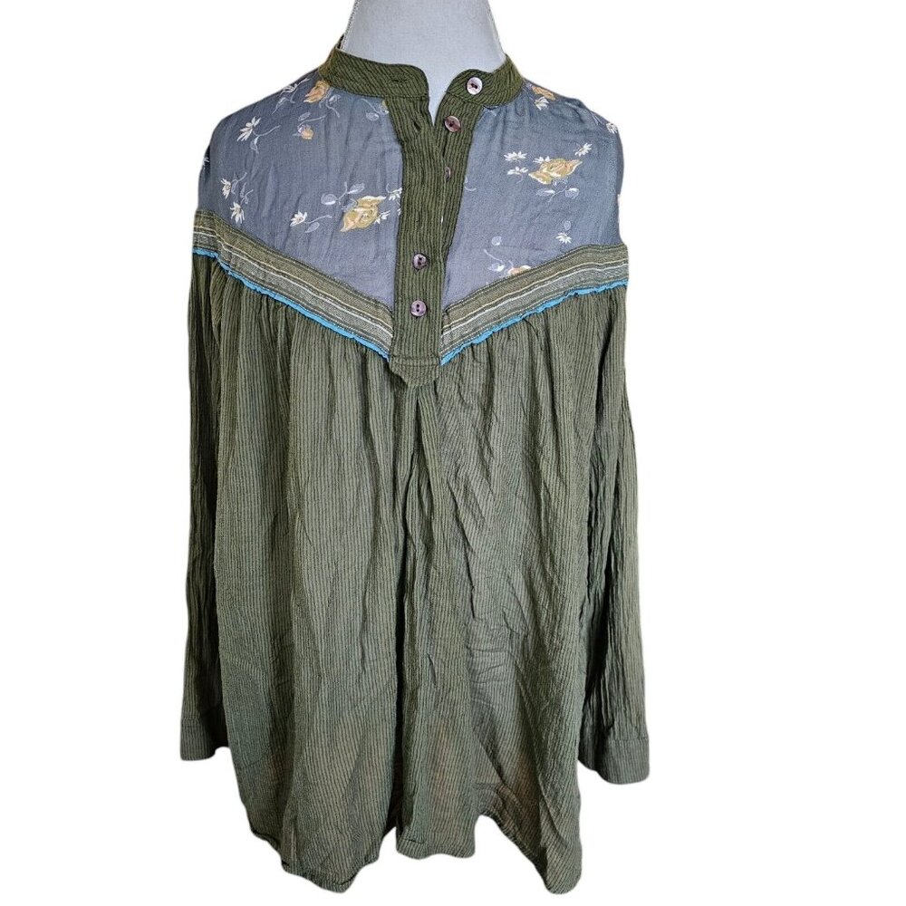 Free People Hearts And Colors Retro Boho Moss Green Blouse Peasant Top Small‎
